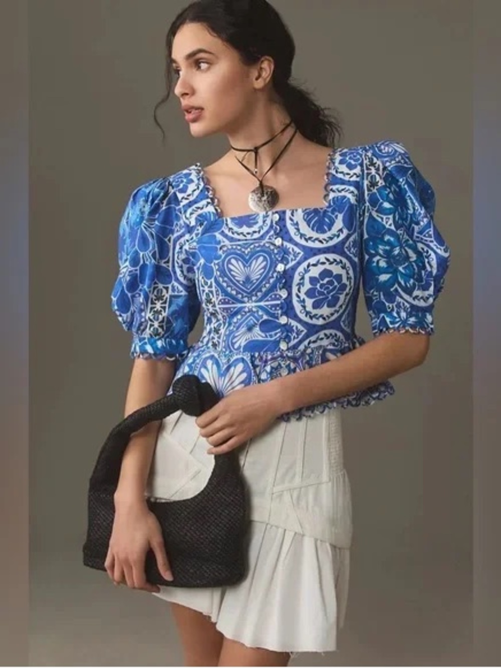 FARM Rio Tile Dream Cotton Puff Sleeve Peplum Top Blouse Blue White Large NWT